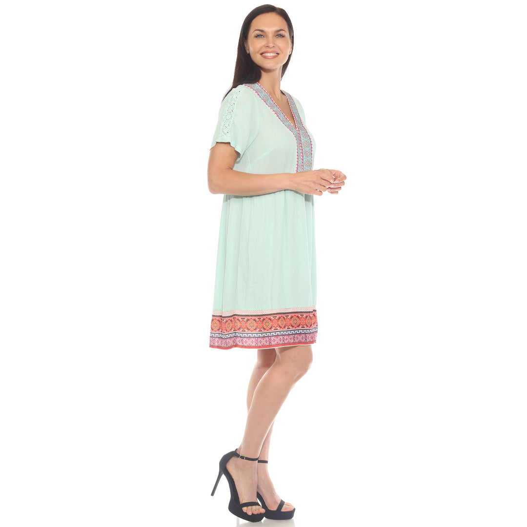 Women's Short Sleeve Embroidered V-Neck Shift Dress