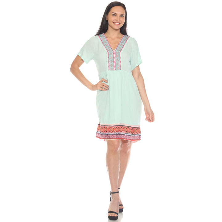 Women's Short Sleeve Embroidered V-Neck Shift Dress
