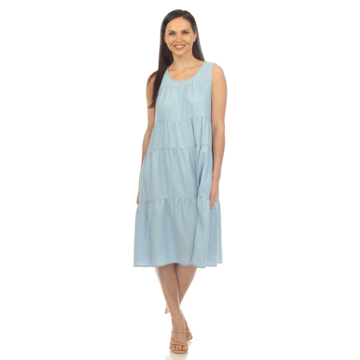 Women's Sleeveless Tiered Chambray Midi Dress