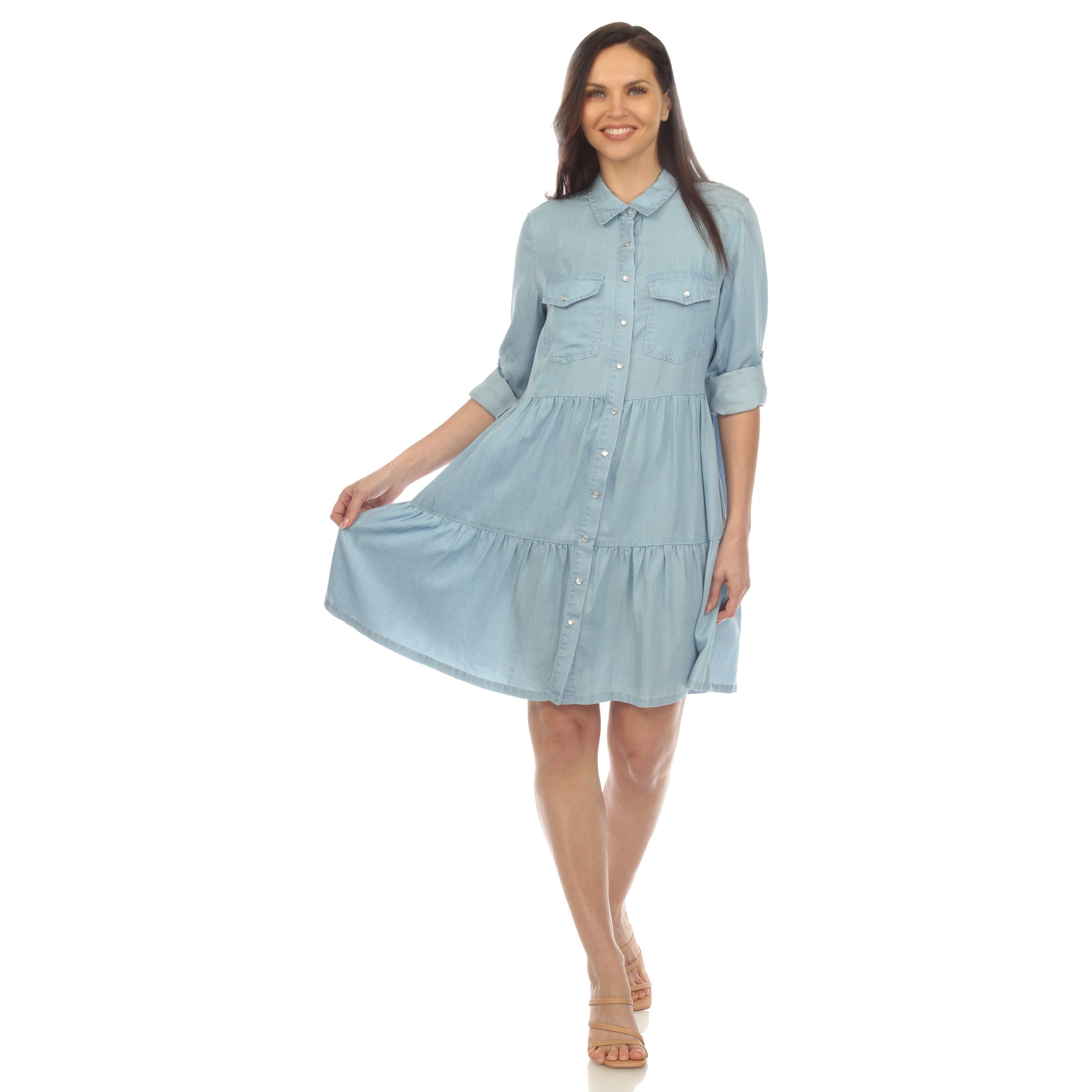 Women's Long Sleeve Tiered Midi Shirt Dress – White Mark