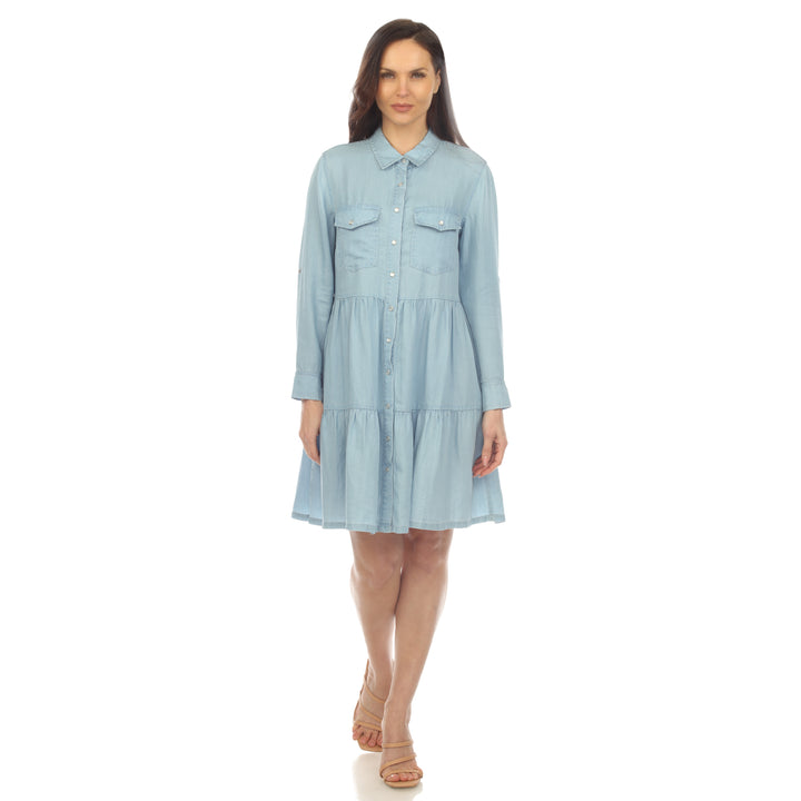 Women's Long Sleeve Tiered Midi Shirt Dress