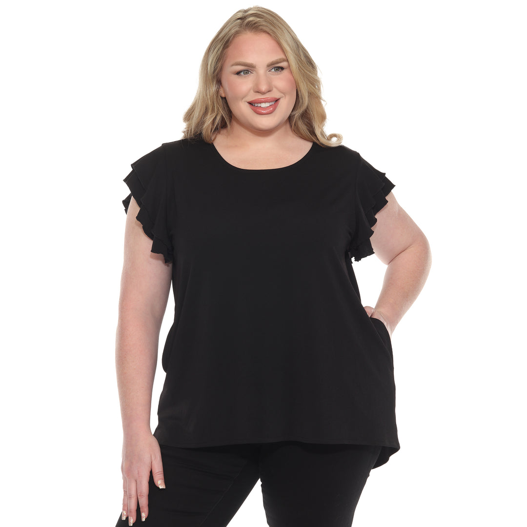 Plus size black short sleeve top with layered ruffle sleeves, relaxed fit for casual or dressy wear