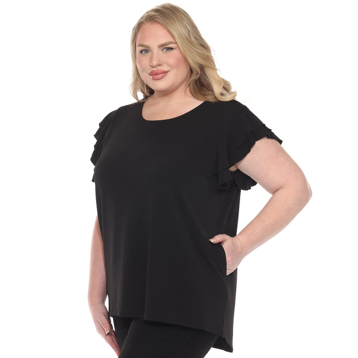 Plus size black short sleeve top with layered ruffle sleeves, relaxed fit for casual or dressy wear