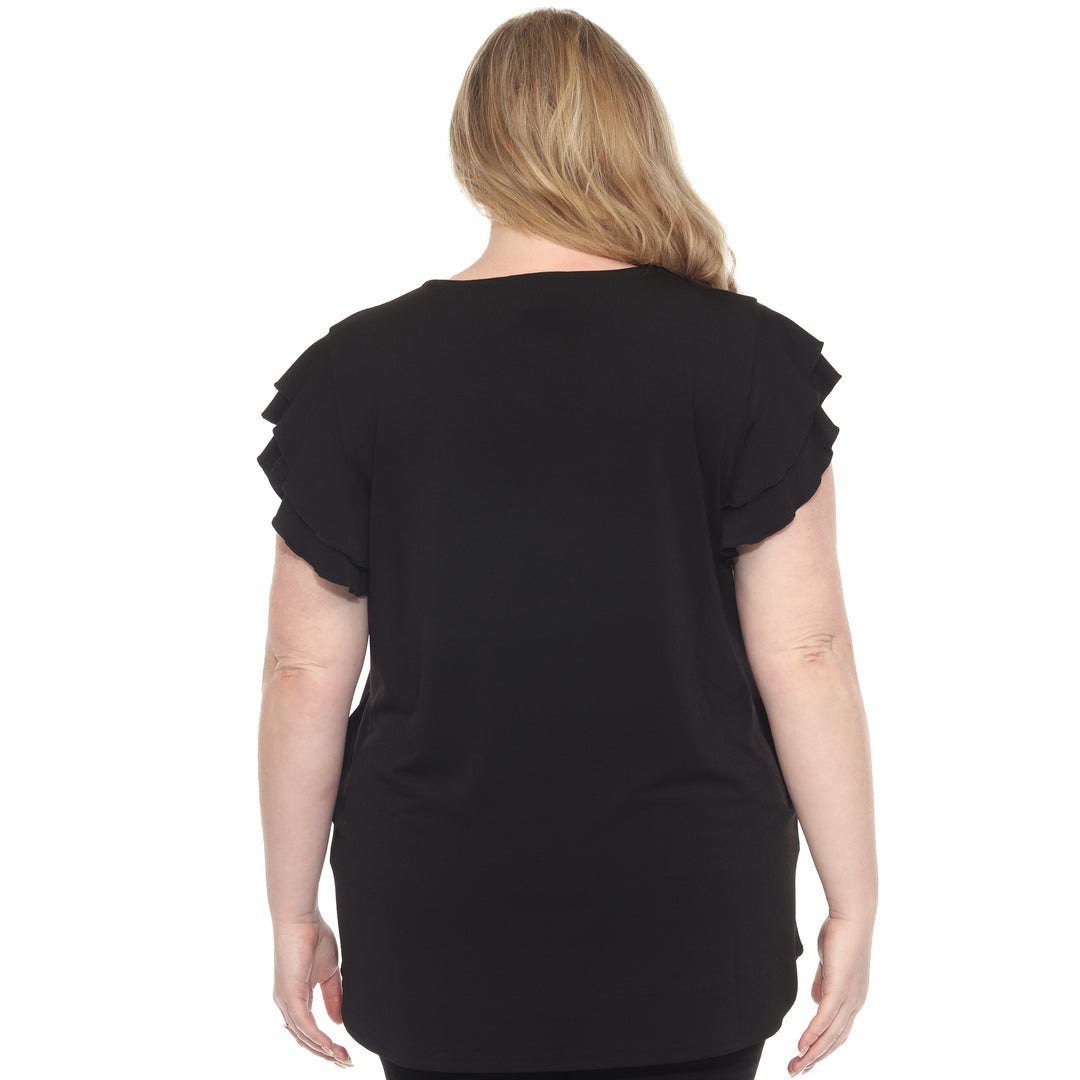 Plus size black short sleeve top with layered ruffle sleeves, relaxed fit for casual or dressy wear