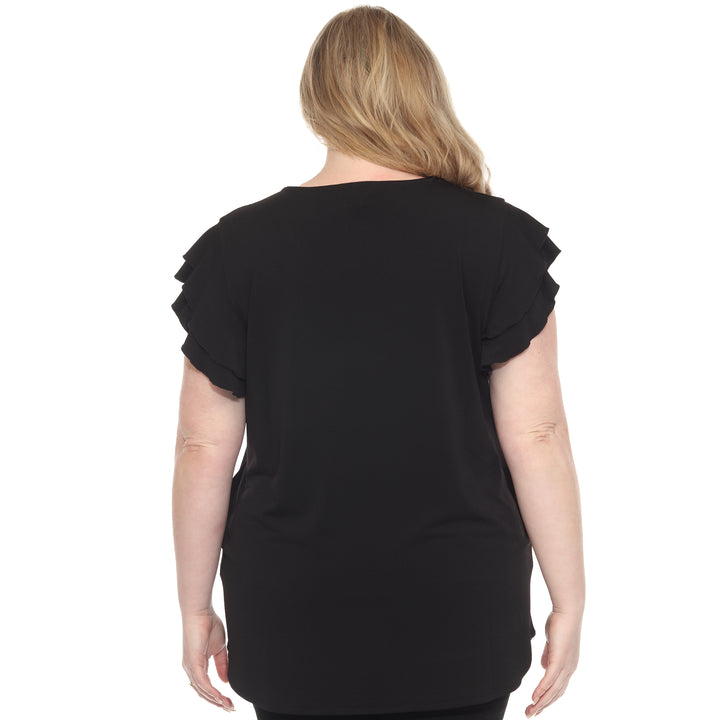Plus size black short sleeve top with layered ruffle sleeves, relaxed fit for casual or dressy wear