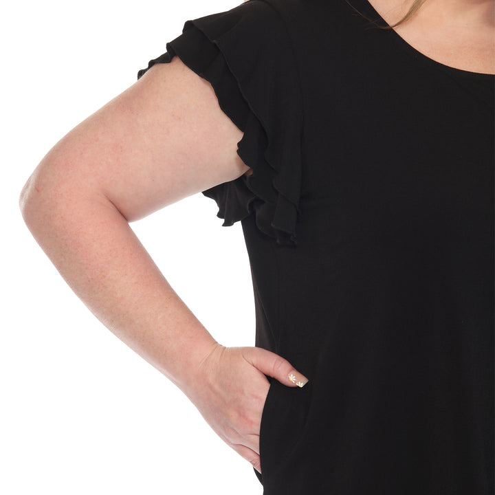 Plus size black short sleeve top with layered ruffle sleeves, relaxed fit for casual or dressy wear