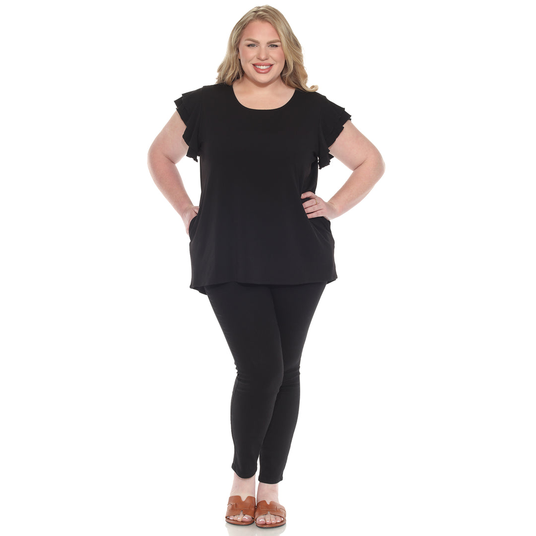 Plus size black short sleeve top with layered ruffle sleeves, relaxed fit for casual or dressy wear