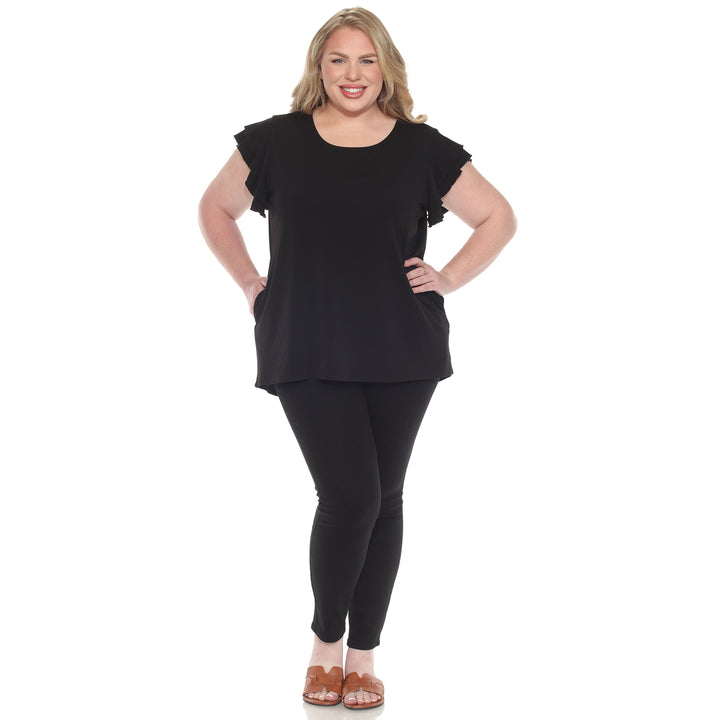 Plus size black short sleeve top with layered ruffle sleeves, relaxed fit for casual or dressy wear