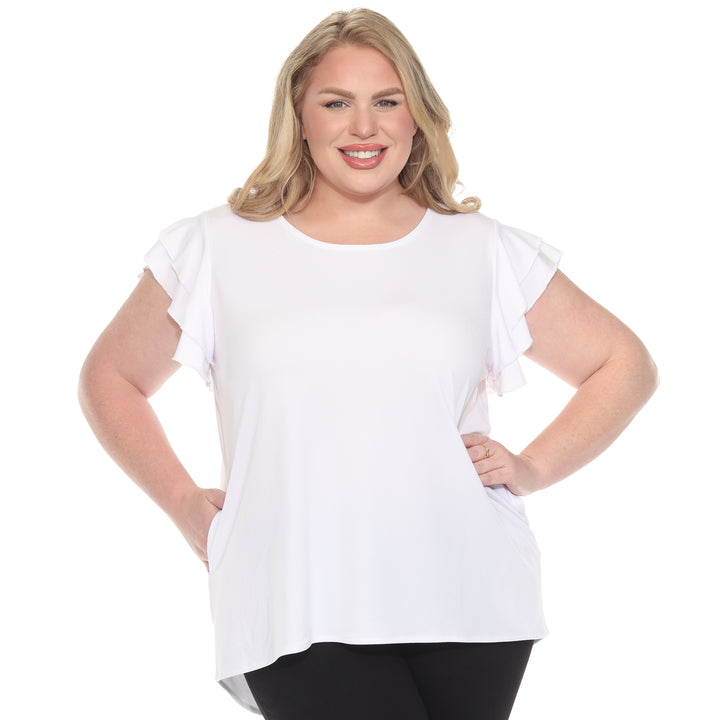 Plus size white short sleeve top with layered ruffle sleeves, relaxed fit for casual or dressy wear