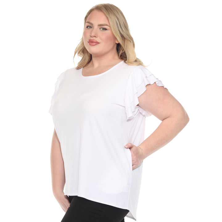Plus size white short sleeve top with layered ruffle sleeves, relaxed fit for casual or dressy wear