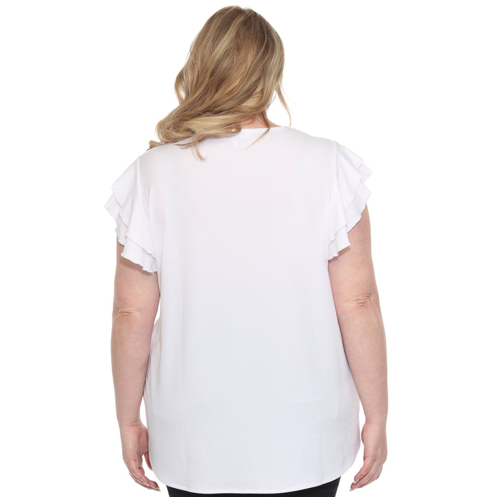 Plus size white short sleeve top with layered ruffle sleeves, relaxed fit for casual or dressy wear