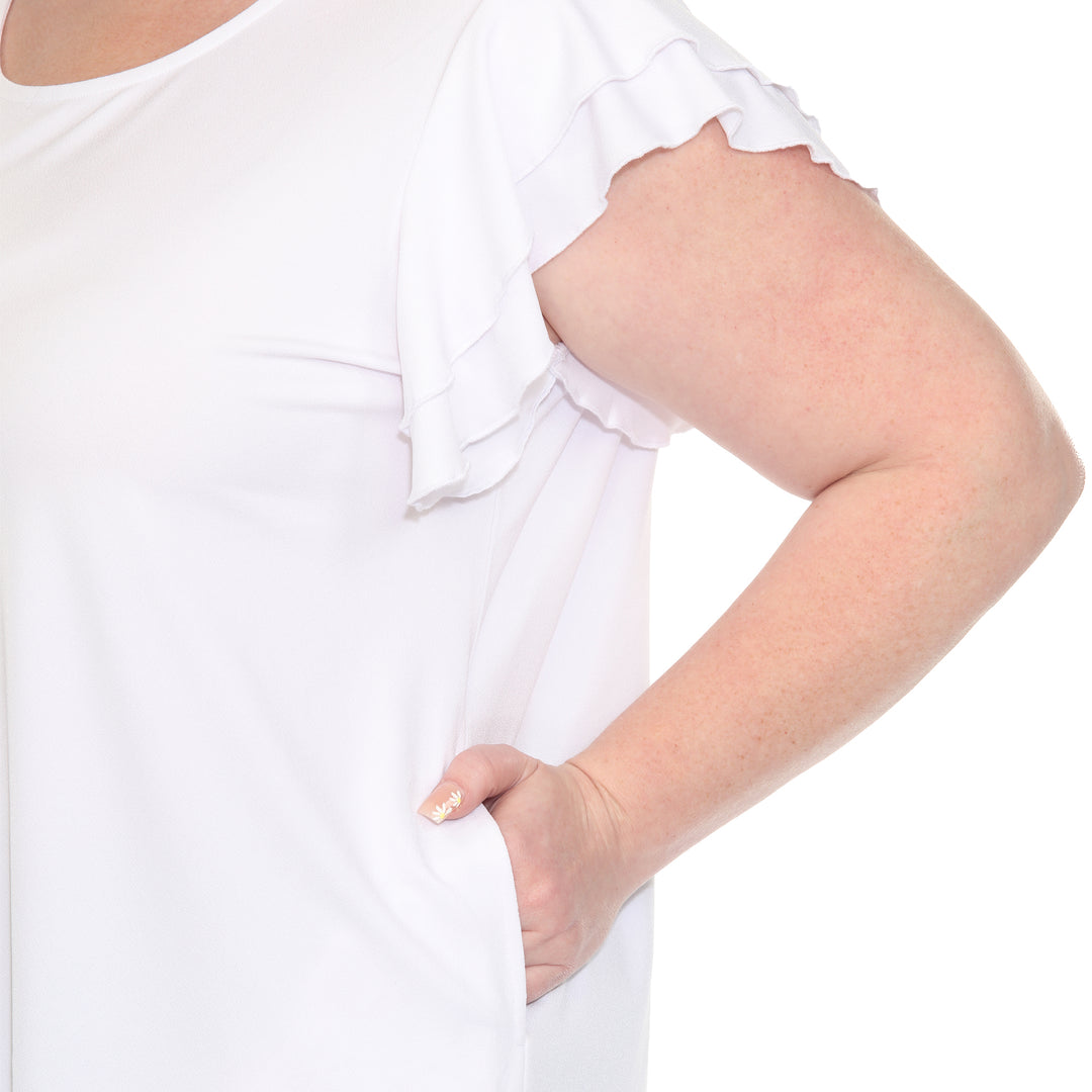 Plus size white short sleeve top with layered ruffle sleeves, relaxed fit for casual or dressy wear