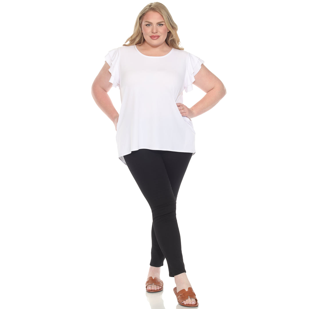 Plus size white short sleeve top with layered ruffle sleeves, relaxed fit for casual or dressy wear