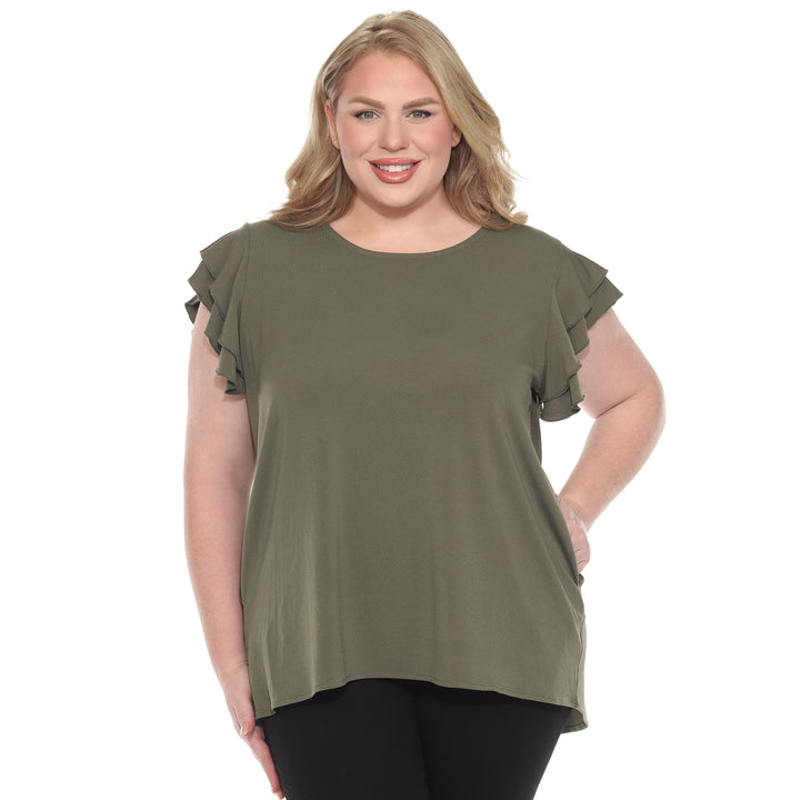 Plus size olive short sleeve top with layered ruffle sleeves, relaxed fit for casual or dressy wear