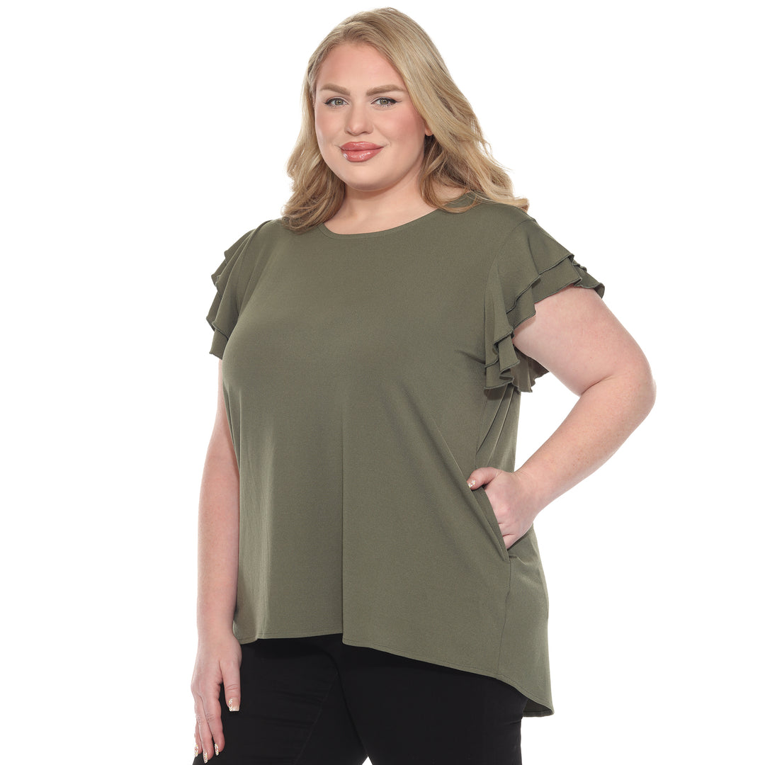 Plus size Olive short sleeve top with layered ruffle sleeves, relaxed fit for casual or dressy wear