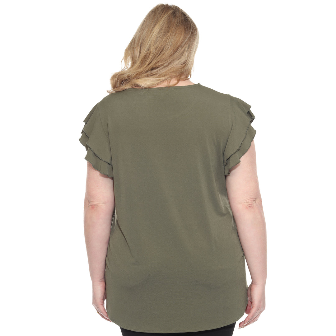Plus size Olive short sleeve top with layered ruffle sleeves, relaxed fit for casual or dressy wear
