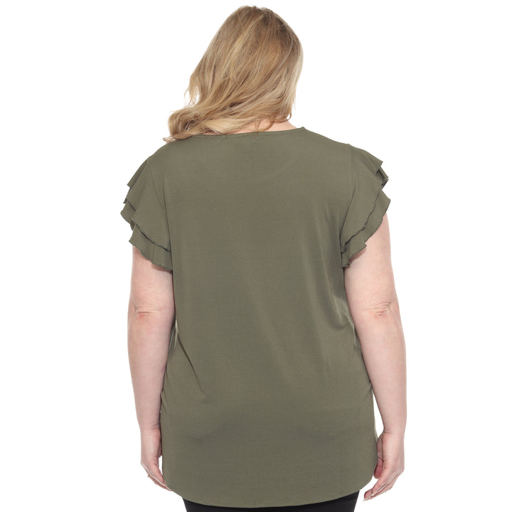 Plus size Olive short sleeve top with layered ruffle sleeves, relaxed fit for casual or dressy wear