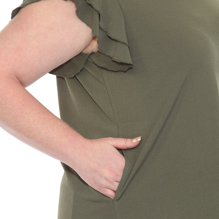 Plus size Olive short sleeve top with layered ruffle sleeves, relaxed fit for casual or dressy wear