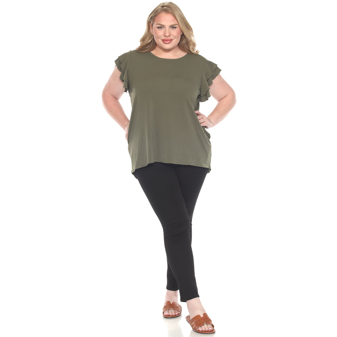 Plus size Olive short sleeve top with layered ruffle sleeves, relaxed fit for casual or dressy wear