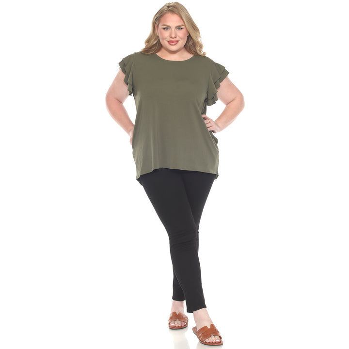 Plus size Olive short sleeve top with layered ruffle sleeves, relaxed fit for casual or dressy wear