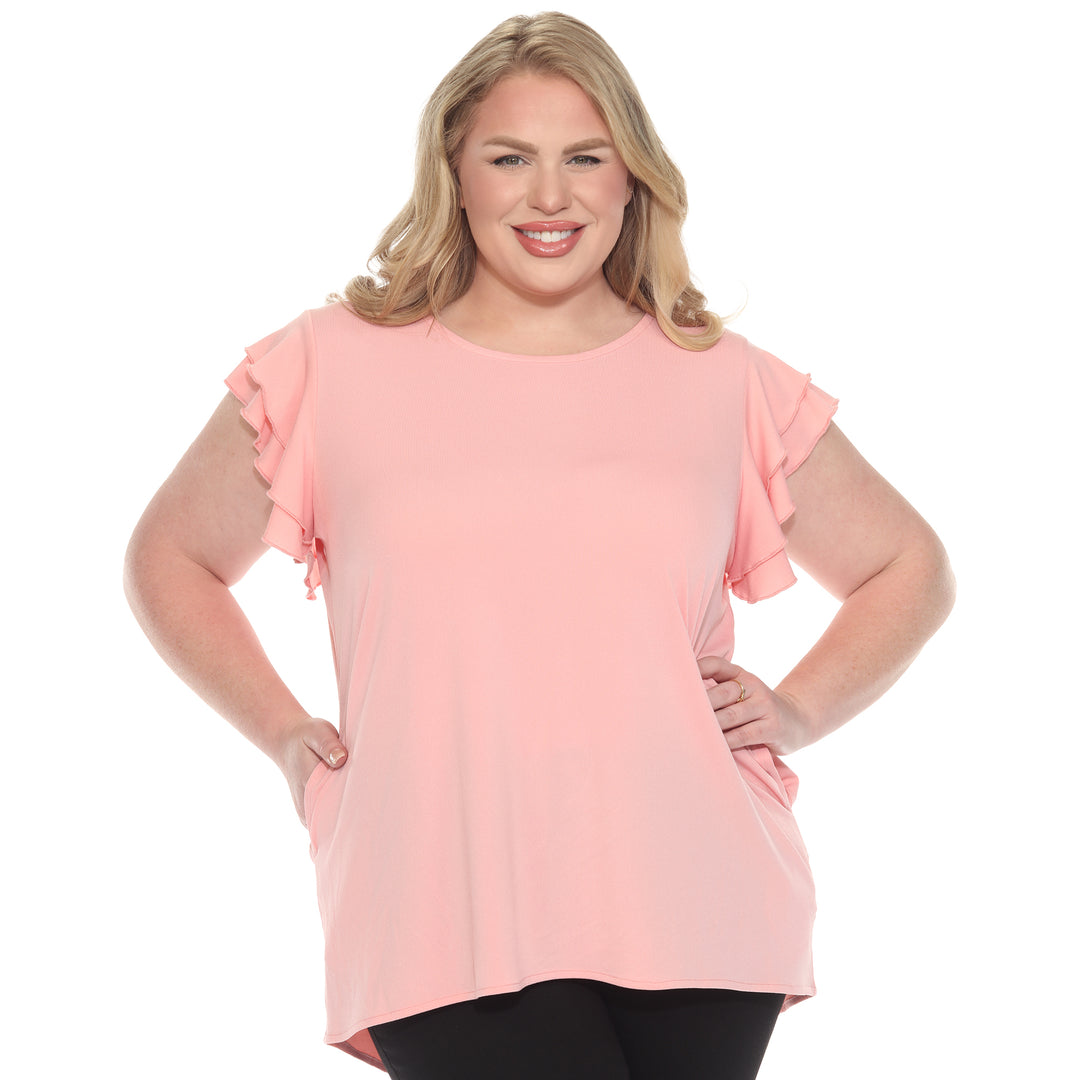 Plus size pink short sleeve top with layered ruffle sleeves, relaxed fit for casual or dressy wear