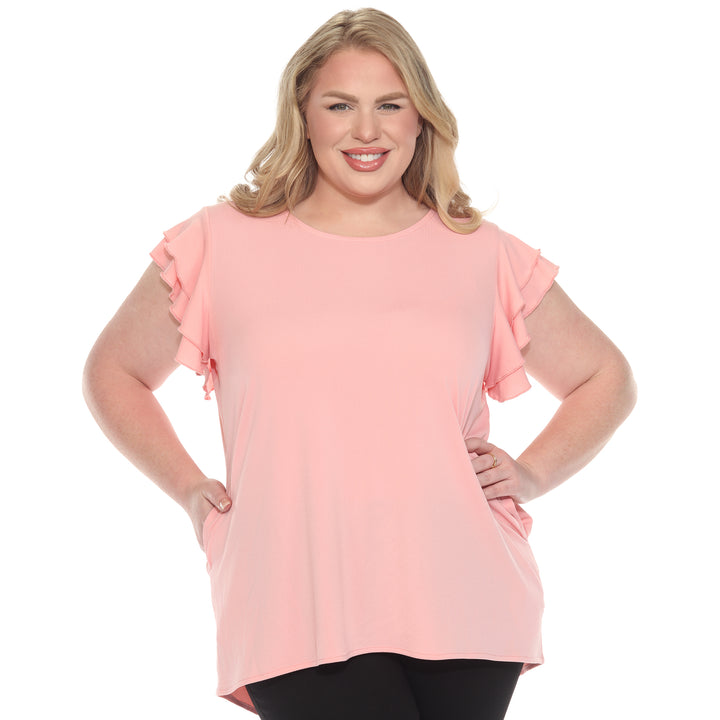 Plus size pink short sleeve top with layered ruffle sleeves, relaxed fit for casual or dressy wear