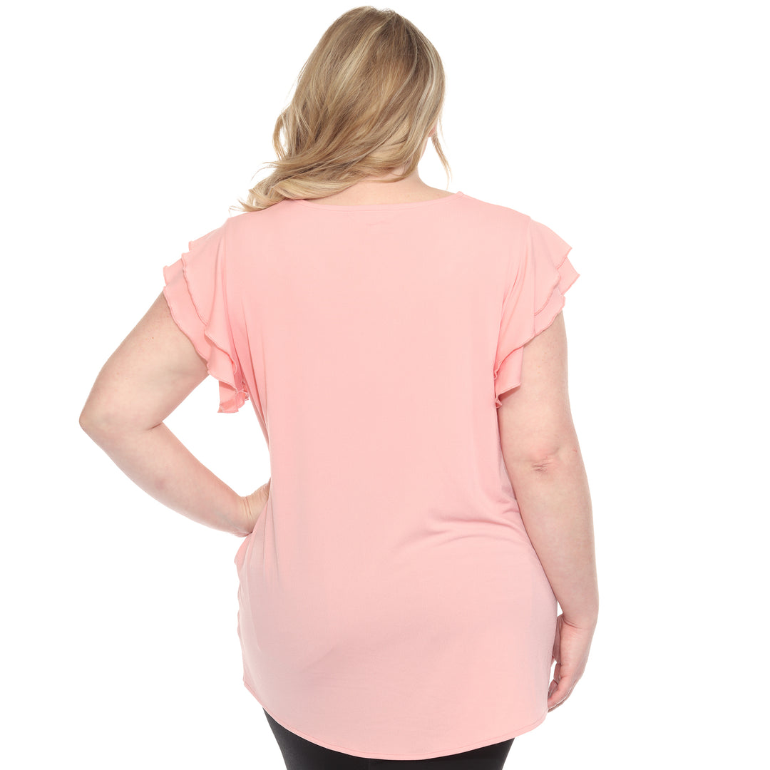 Plus size pink short sleeve top with layered ruffle sleeves, relaxed fit for casual or dressy wear