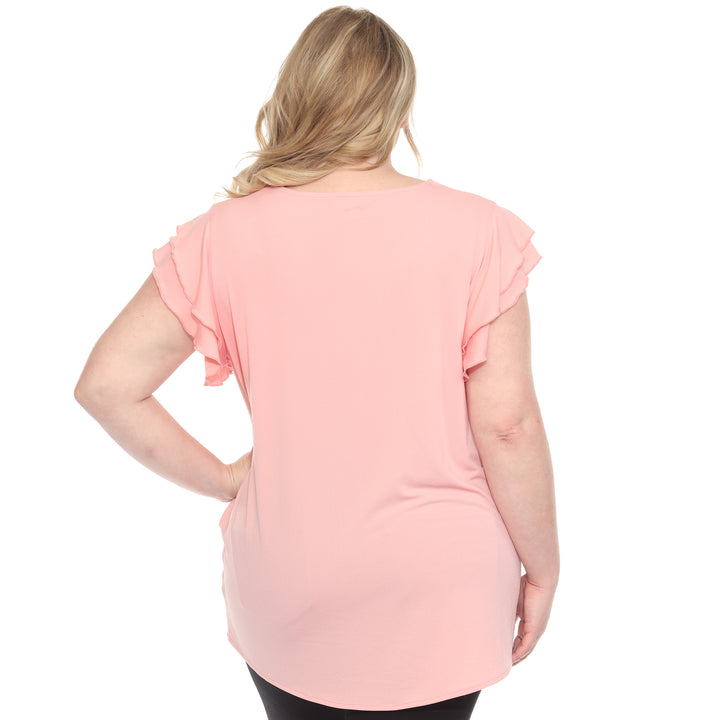 Plus size pink short sleeve top with layered ruffle sleeves, relaxed fit for casual or dressy wear