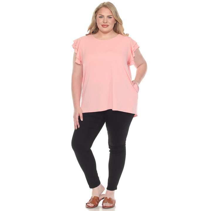 Plus size pink short sleeve top with layered ruffle sleeves, relaxed fit for casual or dressy wear