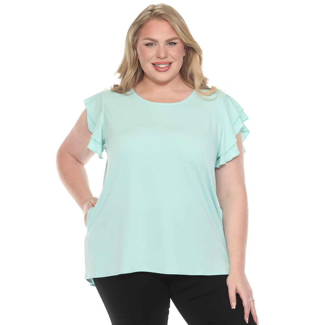 Plus size light aqua short sleeve top with layered ruffle sleeves, relaxed fit for casual or dressy wear