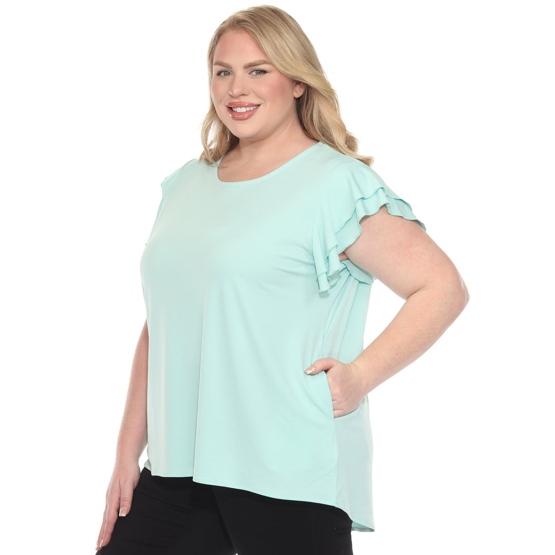 Plus size light aqua short sleeve top with layered ruffle sleeves, relaxed fit for casual or dressy wear