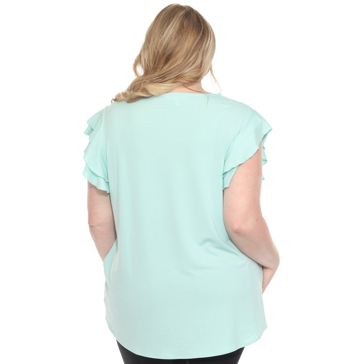 Plus size light aqua short sleeve top with layered ruffle sleeves, relaxed fit for casual or dressy wear