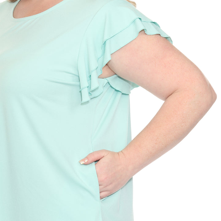 Plus size light aqua short sleeve top with layered ruffle sleeves, relaxed fit for casual or dressy wear