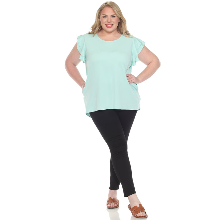 Plus size light aqua short sleeve top with layered ruffle sleeves, relaxed fit for casual or dressy wear