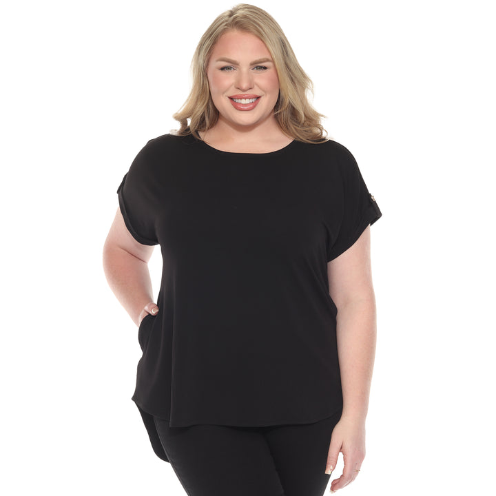 Plus size black short sleeve top in soft knit, featuring button-tab detail, ideal for casual everyday wear.