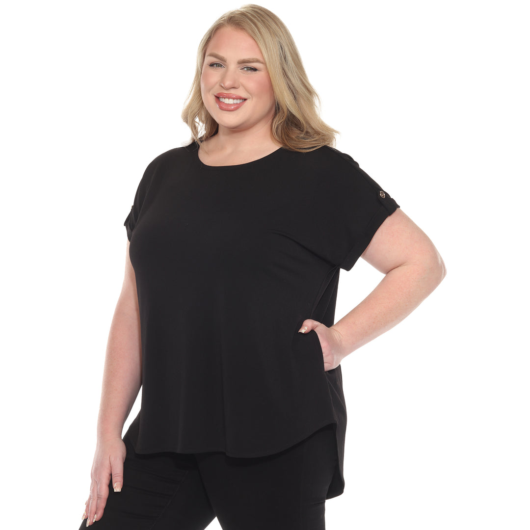 Plus size black short sleeve top in soft knit, featuring button-tab detail, ideal for casual everyday wear.
