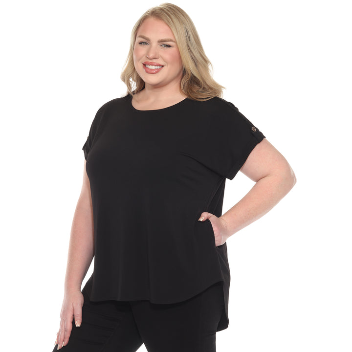 Plus size black short sleeve top in soft knit, featuring button-tab detail, ideal for casual everyday wear.