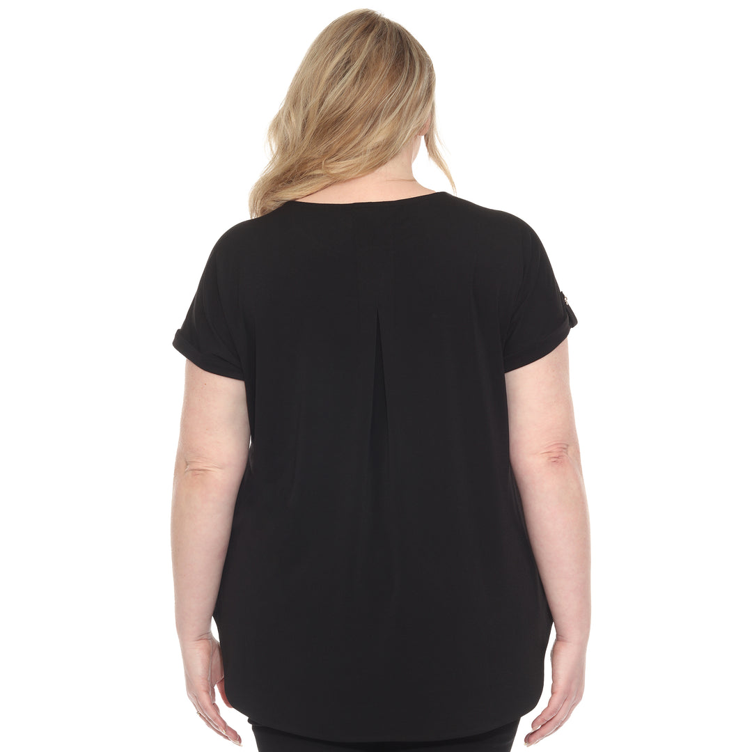 Plus size black short sleeve top in soft knit, featuring button-tab detail, ideal for casual everyday wear.