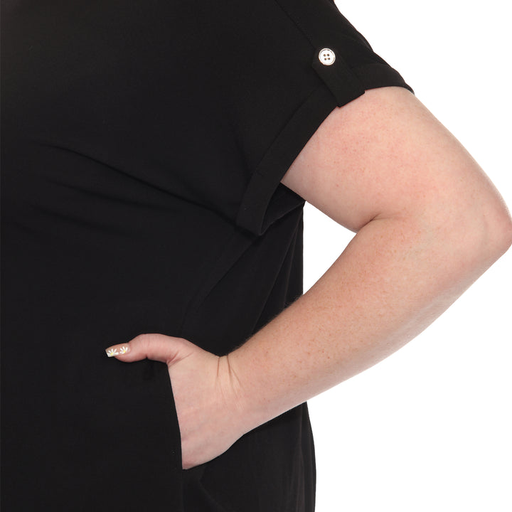 Plus size black short sleeve top in soft knit, featuring button-tab detail, ideal for casual everyday wear.