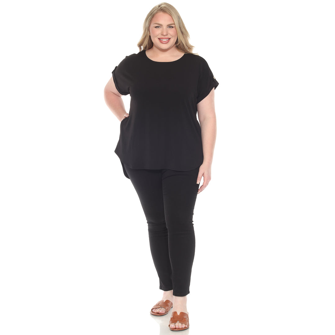 Plus size black short sleeve top in soft knit, featuring button-tab detail, ideal for casual everyday wear.