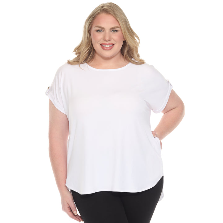 Plus size white short sleeve top in soft knit, featuring button-tab detail, ideal for casual everyday wear.