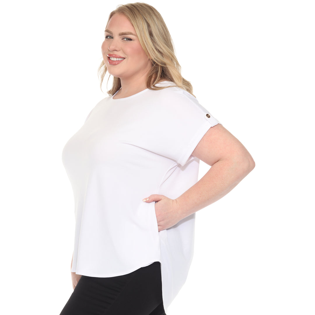 Plus size white short sleeve top in soft knit, featuring button-tab detail, ideal for casual everyday wear.