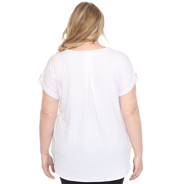 Plus size white short sleeve top in soft knit, featuring button-tab detail, ideal for casual everyday wear.