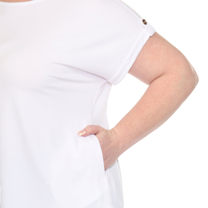 Plus size white short sleeve top in soft knit, featuring button-tab detail, ideal for casual everyday wear.