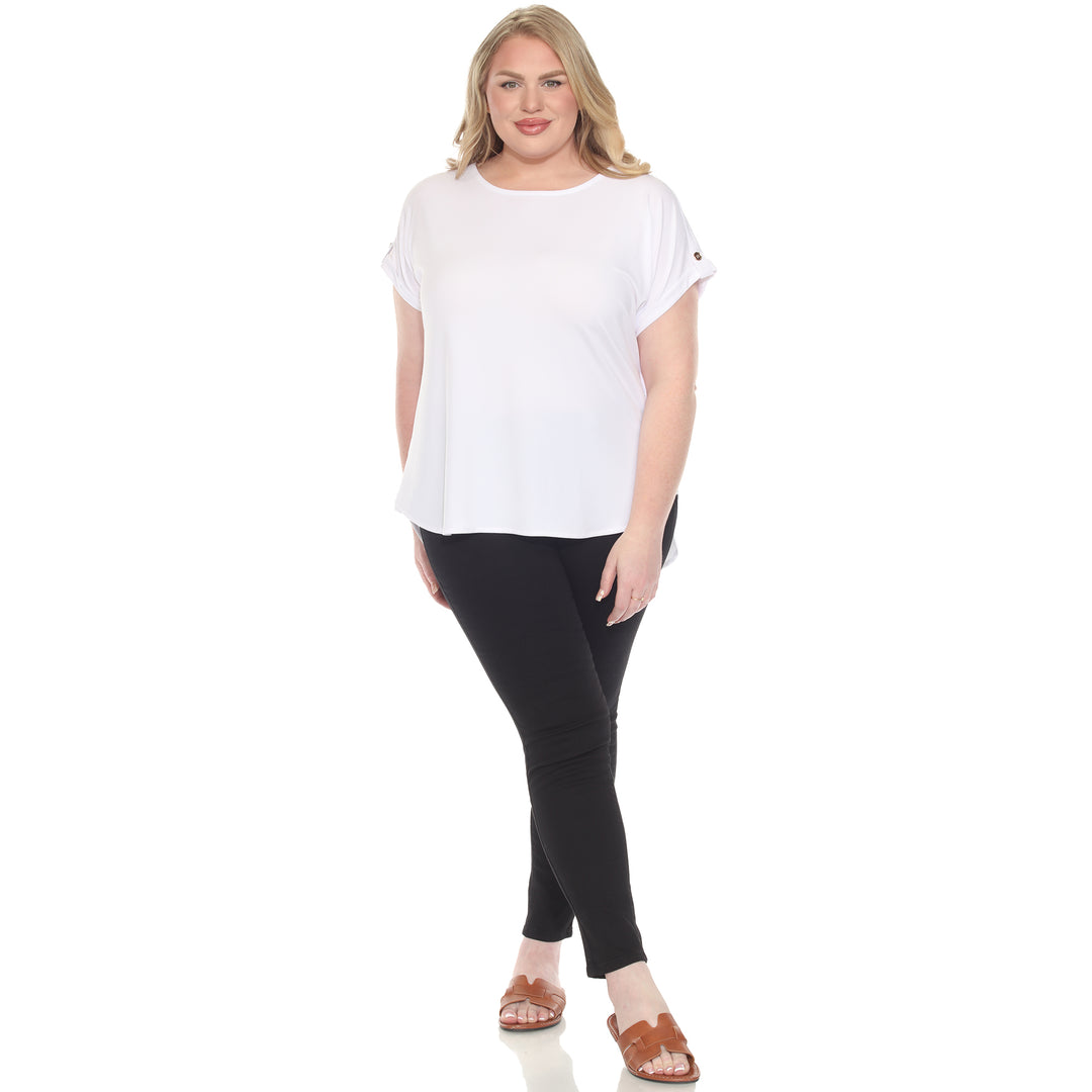 Plus size white short sleeve top in soft knit, featuring button-tab detail, ideal for casual everyday wear.
