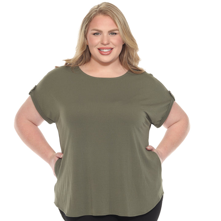 Plus size olive short sleeve top in soft knit, featuring button-tab detail, ideal for casual everyday wear.