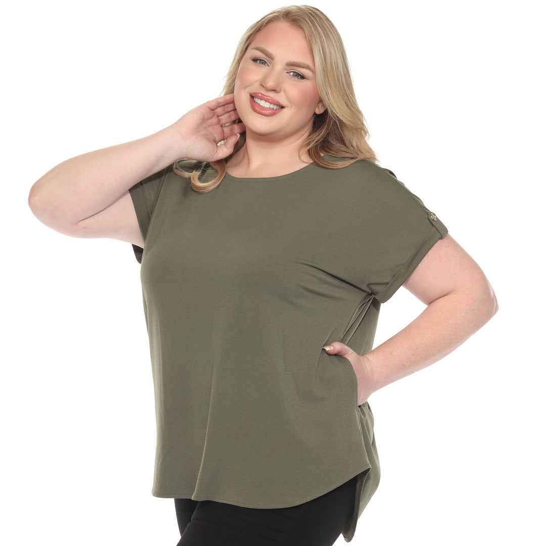 Plus size Olive short sleeve top in soft knit, featuring button-tab detail, ideal for casual everyday wear.