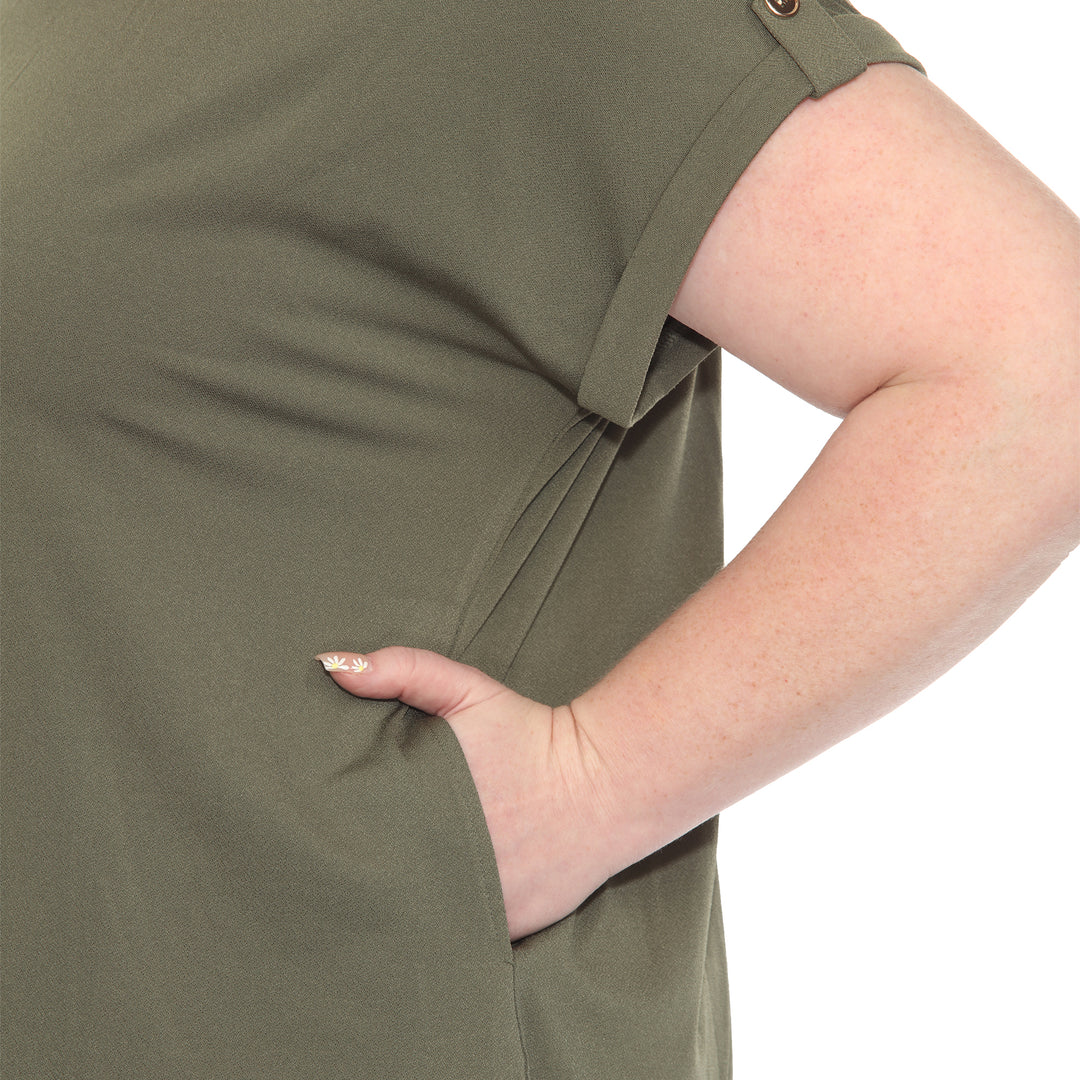 Plus size olive short sleeve top in soft knit, featuring button-tab detail, ideal for casual everyday wear.