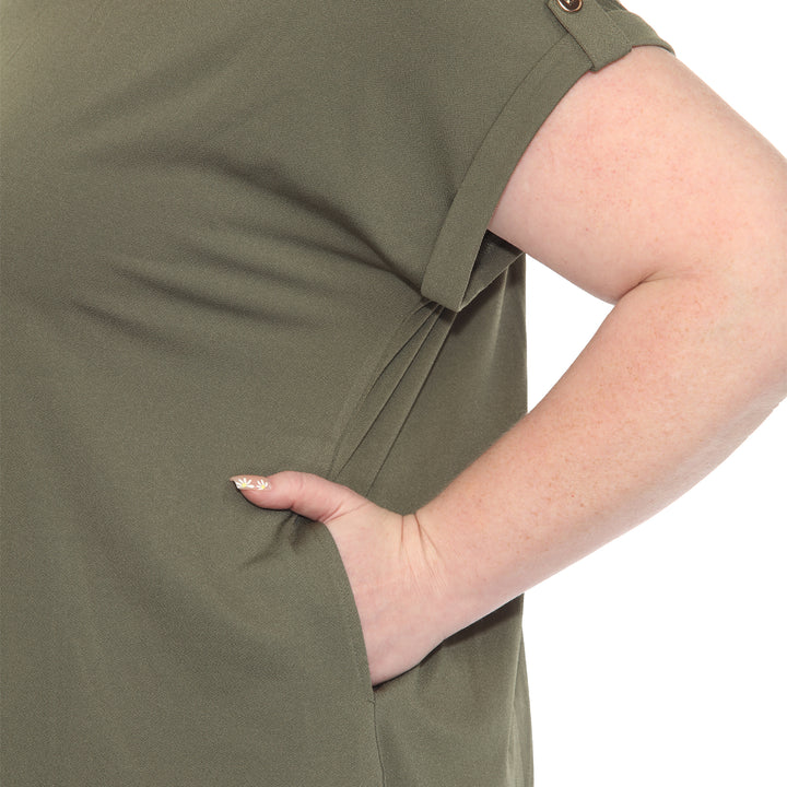 Plus size olive short sleeve top in soft knit, featuring button-tab detail, ideal for casual everyday wear.