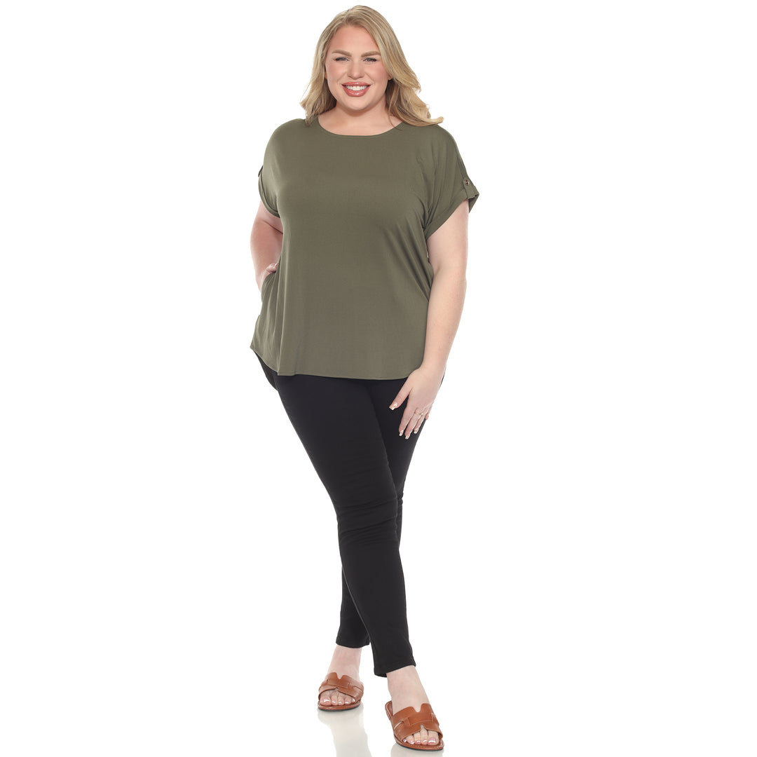 Plus size Olive short sleeve top in soft knit, featuring button-tab detail, ideal for casual everyday wear.